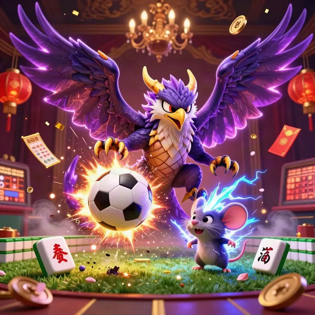 Thunder dragon, hawk and static mouse amid sports balls, lanterns, coins and casino glow.
