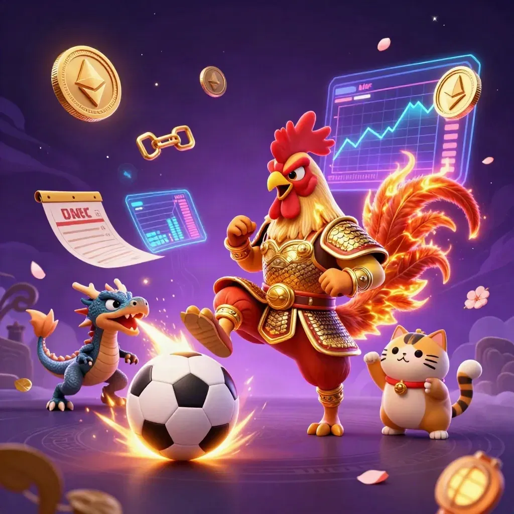 Rooster warrior, dragon hatchling and fortune-cat amid casino sparks, coins and sports props.