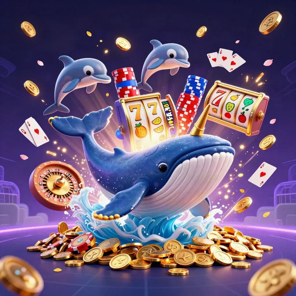 Whale captain, narwhal and dolphins burst through coins, gems and casino lights.