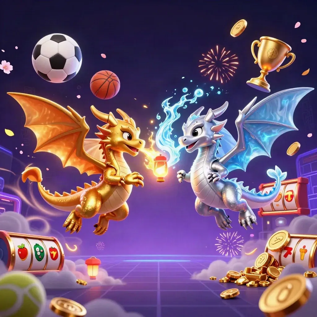 Twin gold and silver dragons swirl in fire and ice above bursting casino treasure.