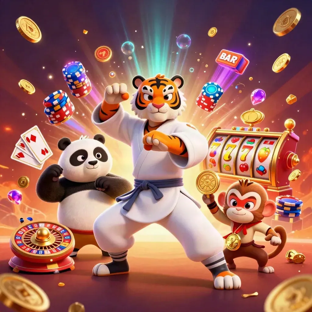Kung-fu tiger, panda, and monkey amid casino props in a glowing AAA mobile-game splash scene